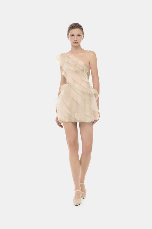 Beige Ruffle One-Shoulder Mini Dress