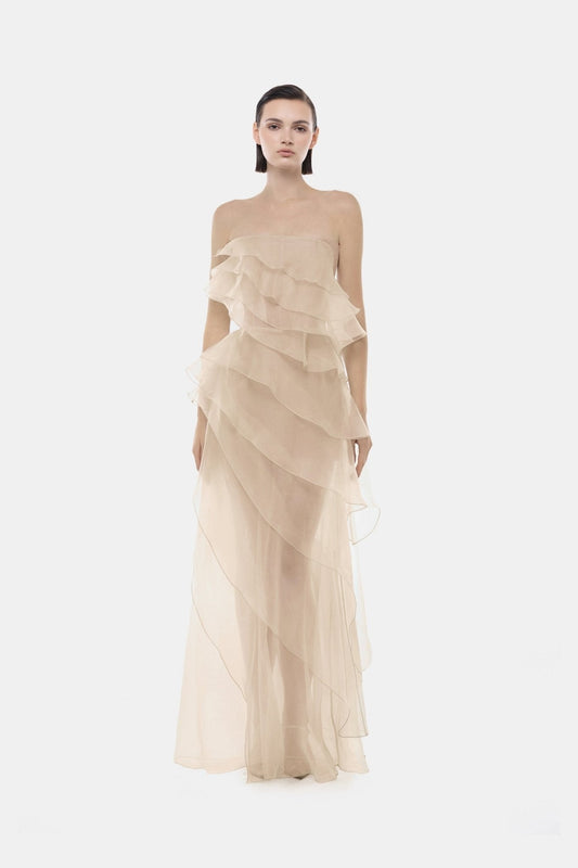 Beige Strapless Ruffle Maxi Dress