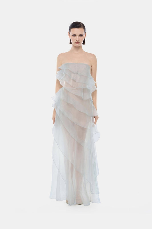 Blue Strapless Ruffle Maxi Dress