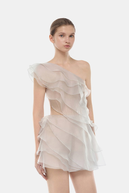 Grey Ruffle One-Shoulder Mini Dress