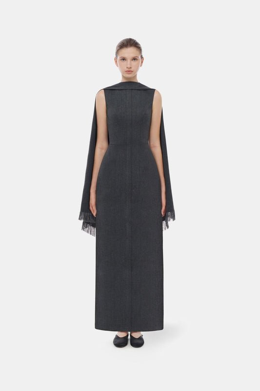 Grey Tailored Scarf Maxi Dress